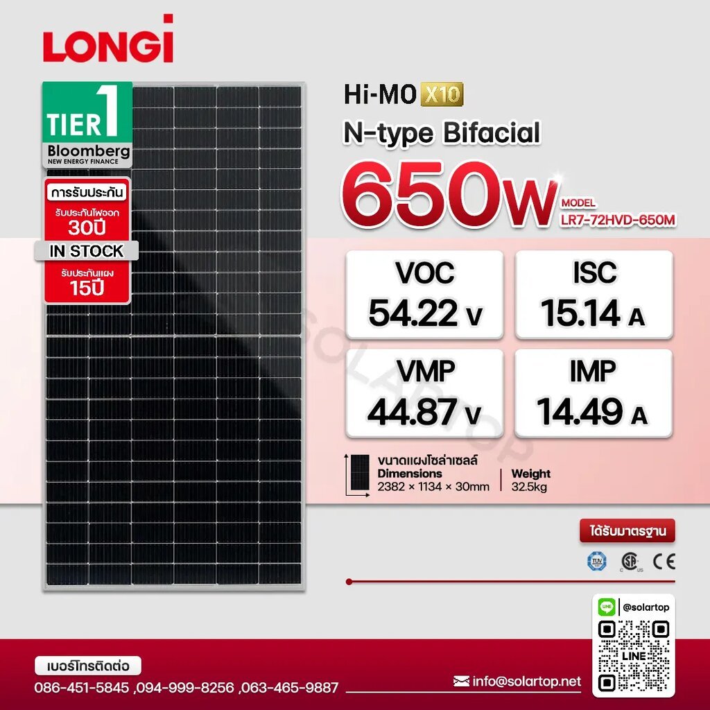 แผงโซล่าเซลล์ LONGi 650w N-type Bifacial มีประกันแผงเสียหายระหว่างจัดส่ง [จัดส่งฟรีทั่วประเทศ*]