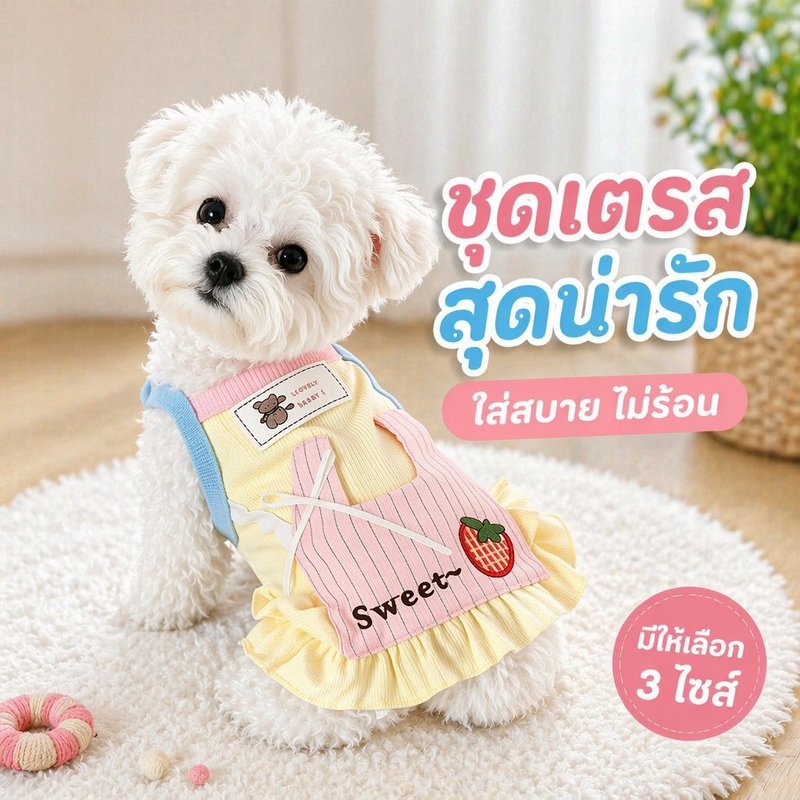 ชุดเดรสสัตว์เลี้ยง สายเดี่ยว กระโปรงระบาย ลายสตรอว์เบอร์รี ผ้าฝ้ายยืด ระบายอากาศ สำหรับแมวสุนัข
