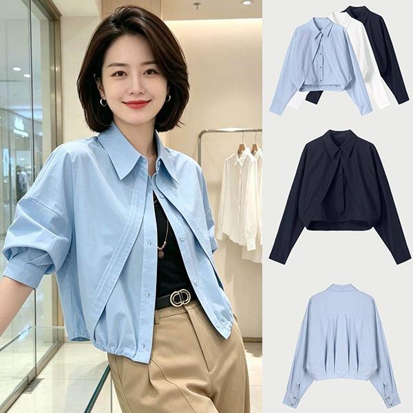 mimi-เสื้อเชิ้ตแขนยาวสีฟ้าอ่อนไซส์ใหญ่ ดีไซน์แบบสองชิ้นเทียม เรียบง่ายและมีสไตล์ สไตล์ลำลอง คอตั้ง สำหรับผู้หญิง#W752