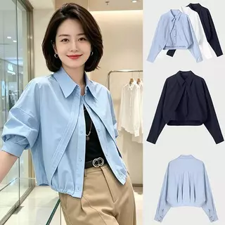 mimi-เสื้อเชิ้ตแขนยาวสีฟ้าอ่อนไซส์ใหญ่ ดีไซน์แบบสองชิ้นเทียม เรียบง่ายและมีสไตล์ สไตล์ลำลอง คอตั้ง สำหรับผู้หญิง#W752