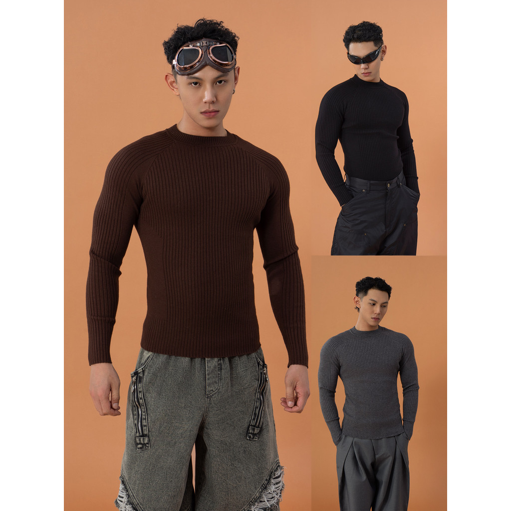CLP สีดําสีเทากาแฟ Ribbed Slim-fit เสื้อกันหนาวเสื้อกันหนาวผู้ชายแขนยาวยืดรอบคอด้านในฐานอินเทรนด์ Ca