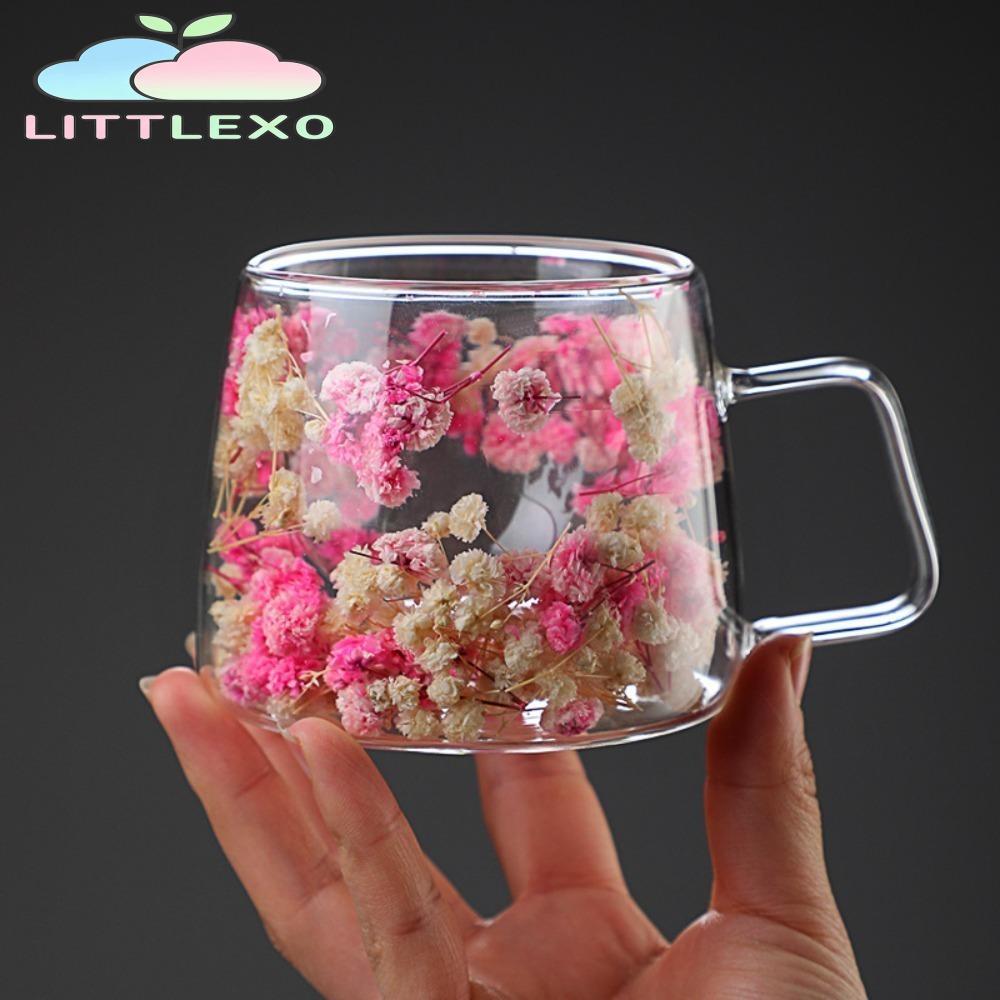 LITTLEX ถ้วยแก้วสองชั้น,แก้วกาแฟแก้วดอกไม้จําลอง,ฉนวนเย็นพร้อมที่จับถ้วยลาเต้บ้าน