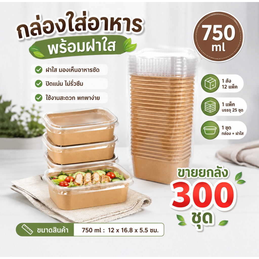 กล่องอาหารกระดาษคราฟท์ 750ml พร้อมฝาใส ปิดแน่น ไม่รั่วซึม เข้าไมโครเวฟได้  1ลัง/300ชุด