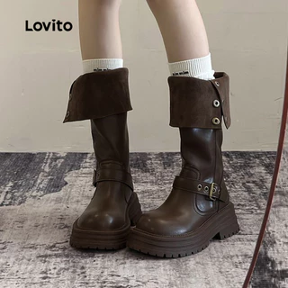 Lovito แคชชวล รองเท้าบูทแคชชวลแบบแพลตฟอร์ม สไตล์เรโทร ใช้ได้ทุกฤดู สีดำ สำหรับผู้หญิง LFA86075
