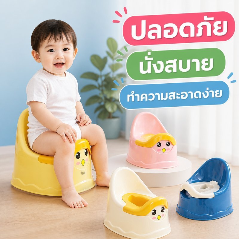 กระโถนเด็ก กระโถนฝึกขับถ่าย พกพา พนักพิงกันล้ม ขอบกันกระเด็น พลาสติก PP