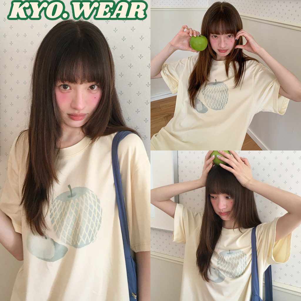 KYO เสื้อแฟชั่นผู้หญิง oversize cotton100% เสื้อยืดผู้หญิงน่ารักๆ ไม่ต้องรีด ใส่สบาย ลาย "Green apple"