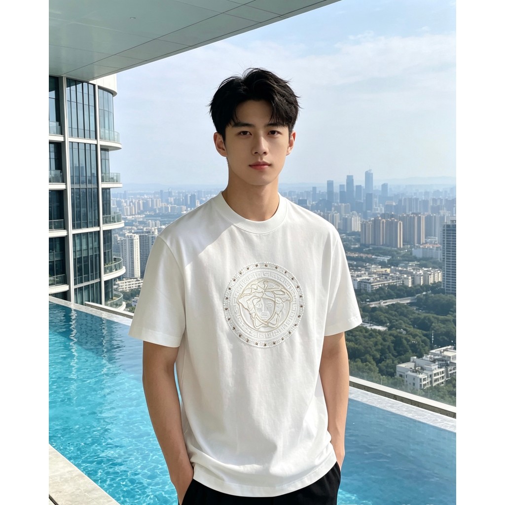 Versace เสื้อยืด/Versace tee พิมพ์แขนสั้นผู้ชายผู้หญิงเสื้อยืดแขนสั้น High-End เสื้อยืดเหงื่อ-Absorb