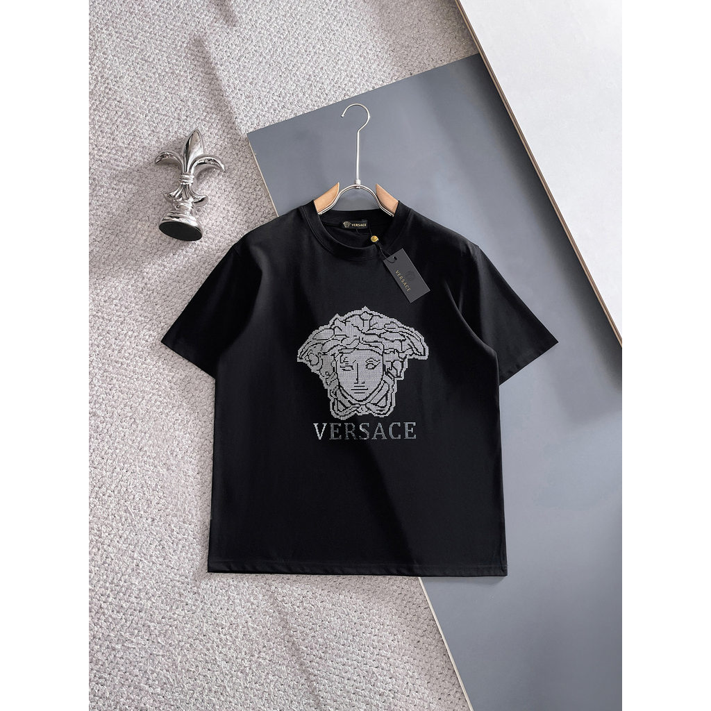 เสื้อยืด Versace/Versace tee พิมพ์แขนสั้นผู้ชายผู้หญิงเสื้อยืดแขนสั้นเสื้อยืด Commuter ยืดลําลองรอบค