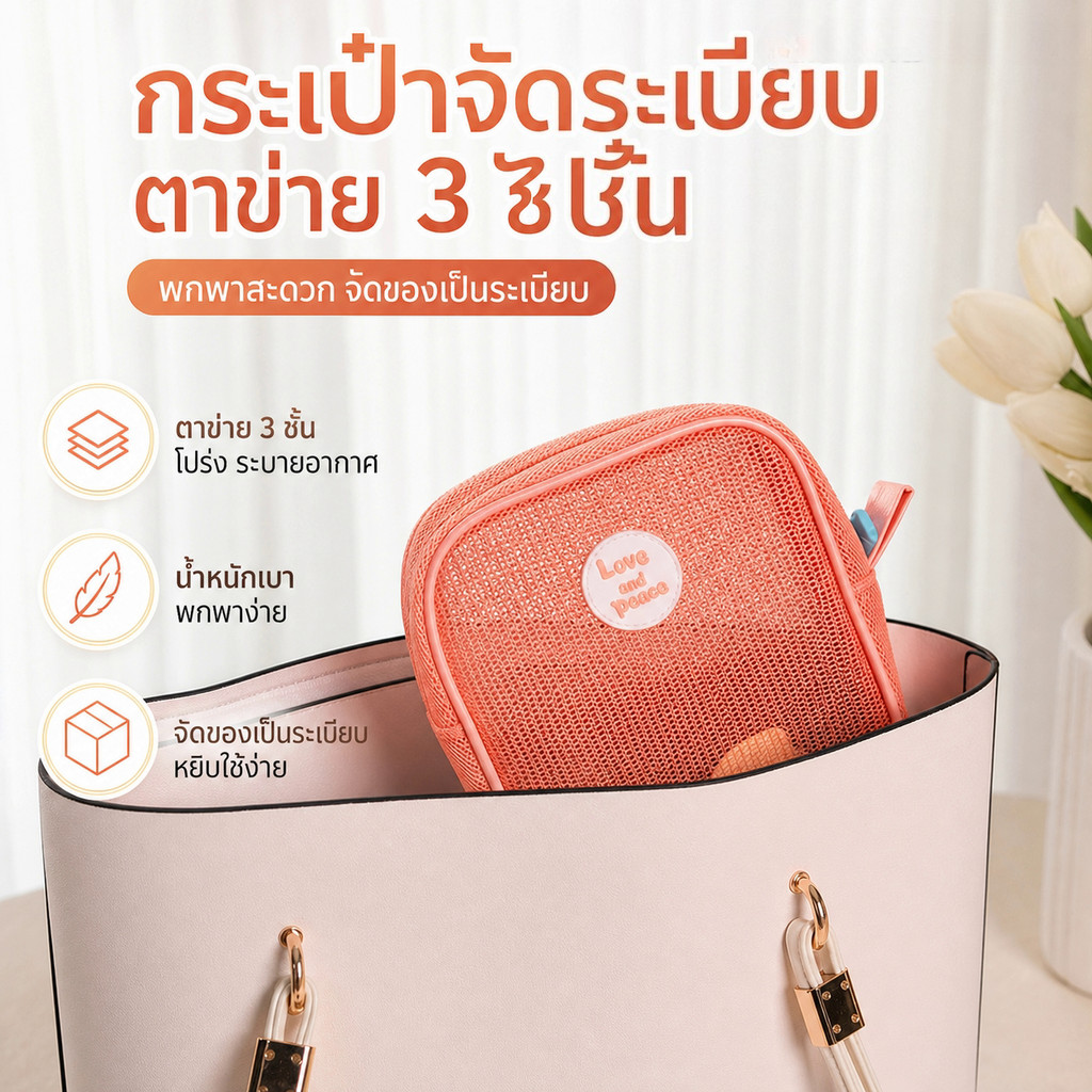 กระเป๋าเครื่องสำอางผ้าตาข่ายระบายอากาศ กันน้ำแห้งไว้ ช่องเก็บของแยกสัดส่วน พกพาง่าย สำหรับใช้ประจำวันและเดินทาง