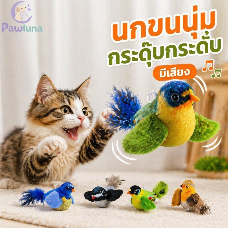 ของเล่นแมวโต้ตอบเสียงนกสัมผัสเปิดใช้งานผ้านุ่มขนนกน้ําหนักเบาในร่มล่าสัตว์เล่น