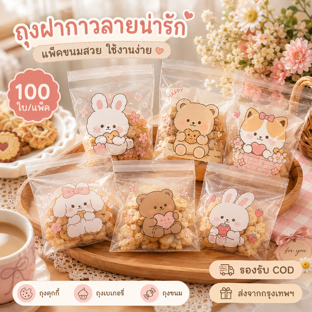 ถุงขนมลายน่ารัก 10×10 ซม. 100 ใบ/แพ็ค ถุงฝากาว ถุงคุกกี้ใส ถุงเบเกอรี่ แพ็กขนม ของขวัญ DIY