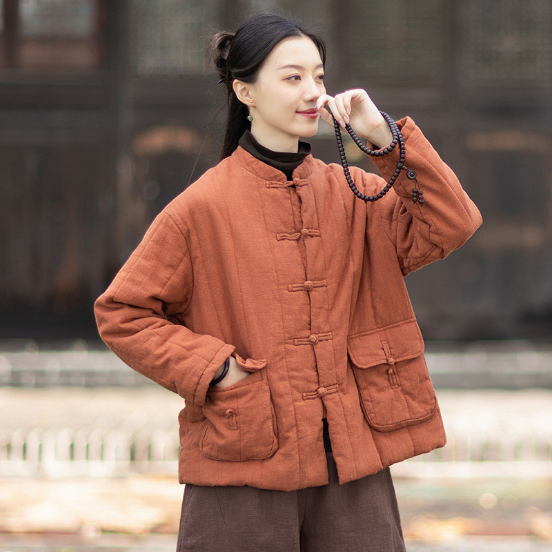 Silent Still Original Ramie Stand-Up Collar Quilted Womens Cotton Cushion Jacket Retro Quilted Verti