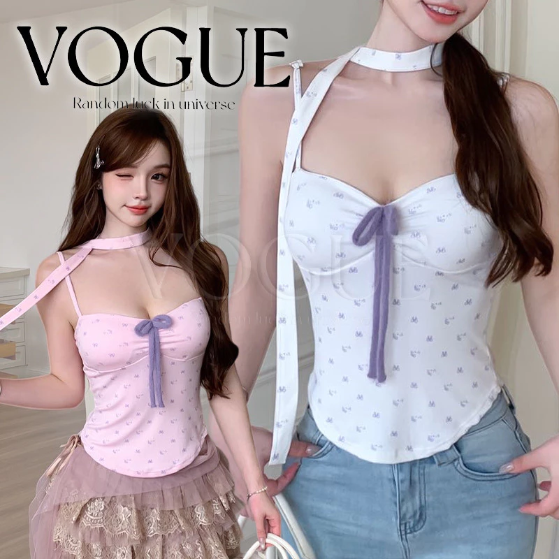 Vogue🌟พร้อมส่ง🌟 เสื้อสายเดี่ยวลายโบว์ผูกเชือก มีฟองน้ำในตัวแถมผ้าพันคอ สีสันสดใสต้อนรับซัมเมอร์ (FY7062)