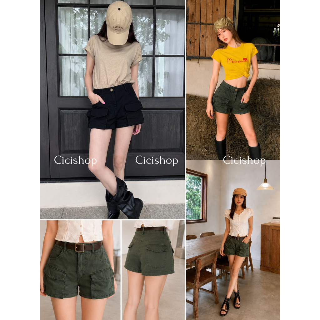 Cicishop(753) กางเกงขาสั้นดีเทลกระเป๋าด้านหน้าสามารถใช้งานได