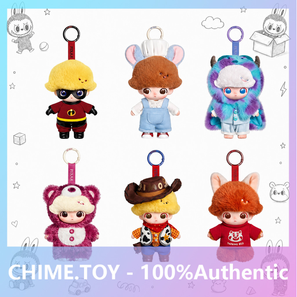 P POPMART DIMOO WORLD x PIXAR Joint Series จี้ตุ๊กตาไวนิลกล่องลึกลับของขวัญเล่นอินเทรนด์