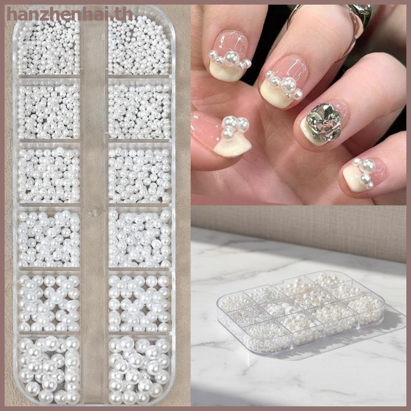 HANHAI สีขาวรอบ Pearl Nail Charms 12 กริดครึ่งรอบลูกปัดสําหรับเล็บออกแบบ DIY Salon Embellishments สไตล์ดู TH