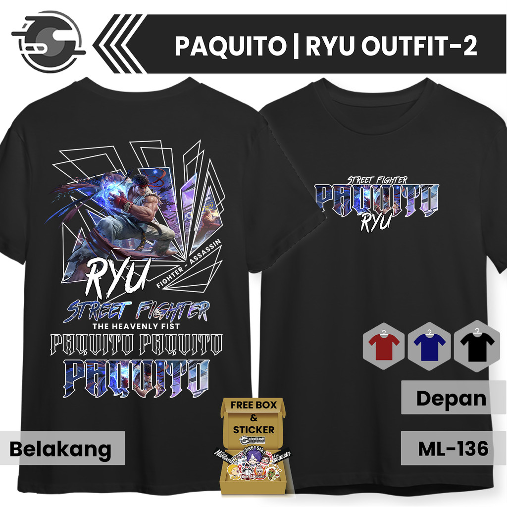 MLBB PAQUITO RYU ชุด-2 Skin Street Fighter แขนสั้นผ้าฝ้ายหวีเสื้อยืดสีดํามือถือ Legends Distro เสื้อ