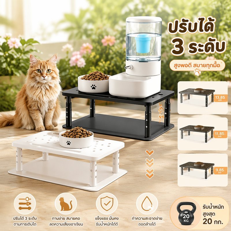 แท่นยกชามอาหารสัตว์เลี้ยง โลหะ ปรับระดับได้ 3 ระดับ กันลื่น ถอดประกอบง่าย สำหรับแมวสุนัข