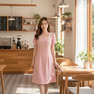 YODO เดรสคอเหลี่ยมรุ่นใหม่ ประดับเพชรหัวใจหรูหรา 4สีให้เลือก #11013
