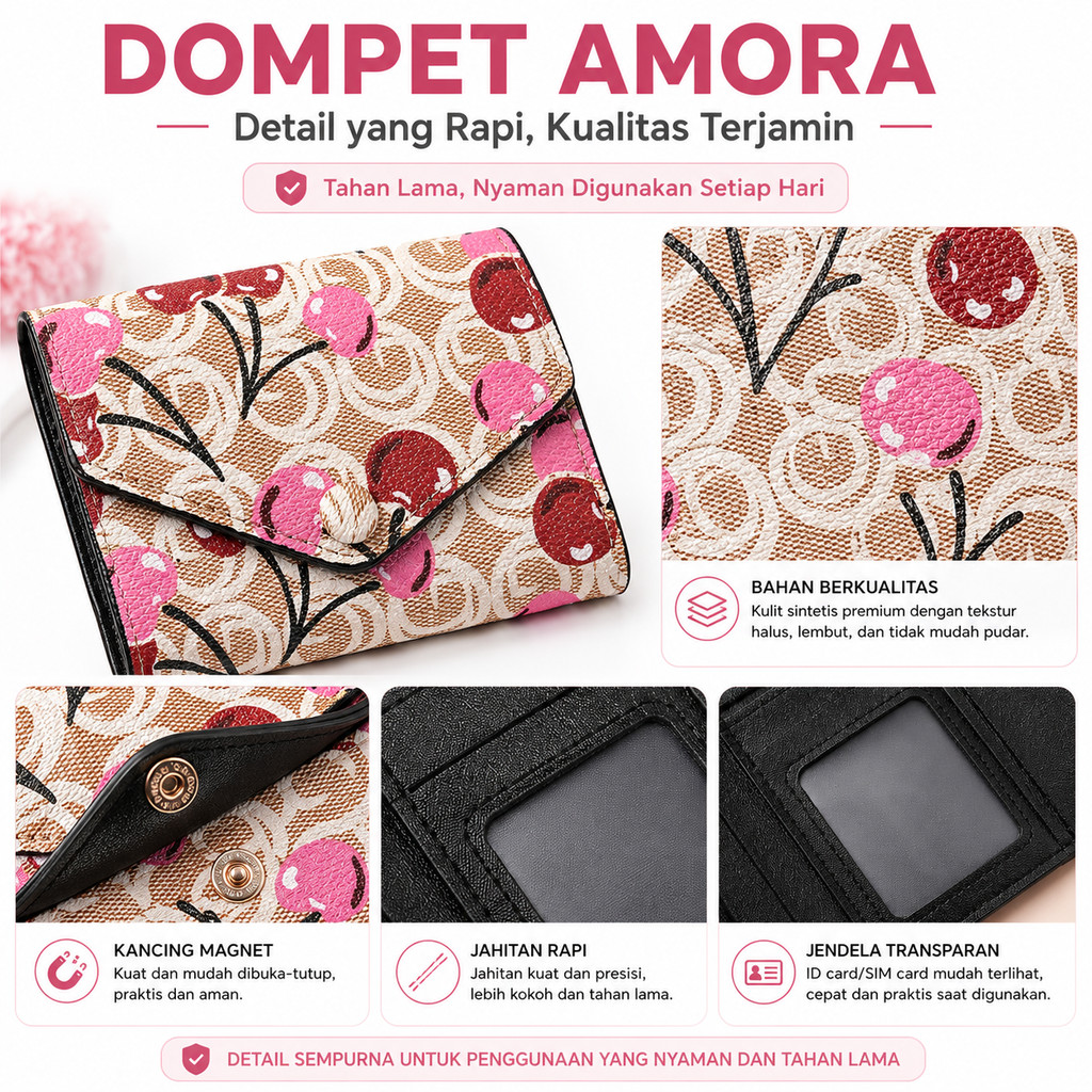 Amora Womens Small Mini Wallet WA1297P3 Folding Cherry Card ID Motif Card Slot Wallet