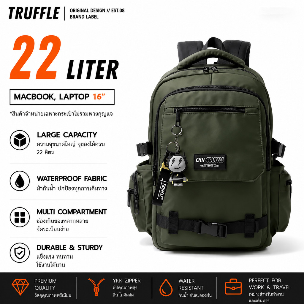 Truffle Backpack V.3 2024 ขนาด 47 cm. (Dark Green) กระเป๋าสำหรับ Macbook Pro 14-16", Macbook Air 13-