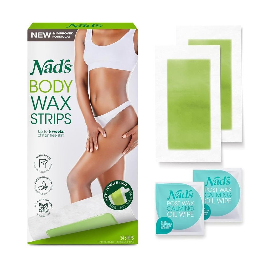 Nads Body Wax Strips กําจัดขนสําหรับผู้หญิงที่บ้านพร้อมผ้าเช็ดทําความสะอาดน้ํามัน Calming 4 ชิ้น, 24