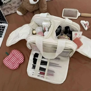 Puffie พร้อมส่ง กระเป๋าเครื่องสำอางผู้หญิงใบใหญ่ เปิดได้ 2 ด้าน นุ่มฟู ใส่อุปกรณ์อาบน้ำ เดินทาง