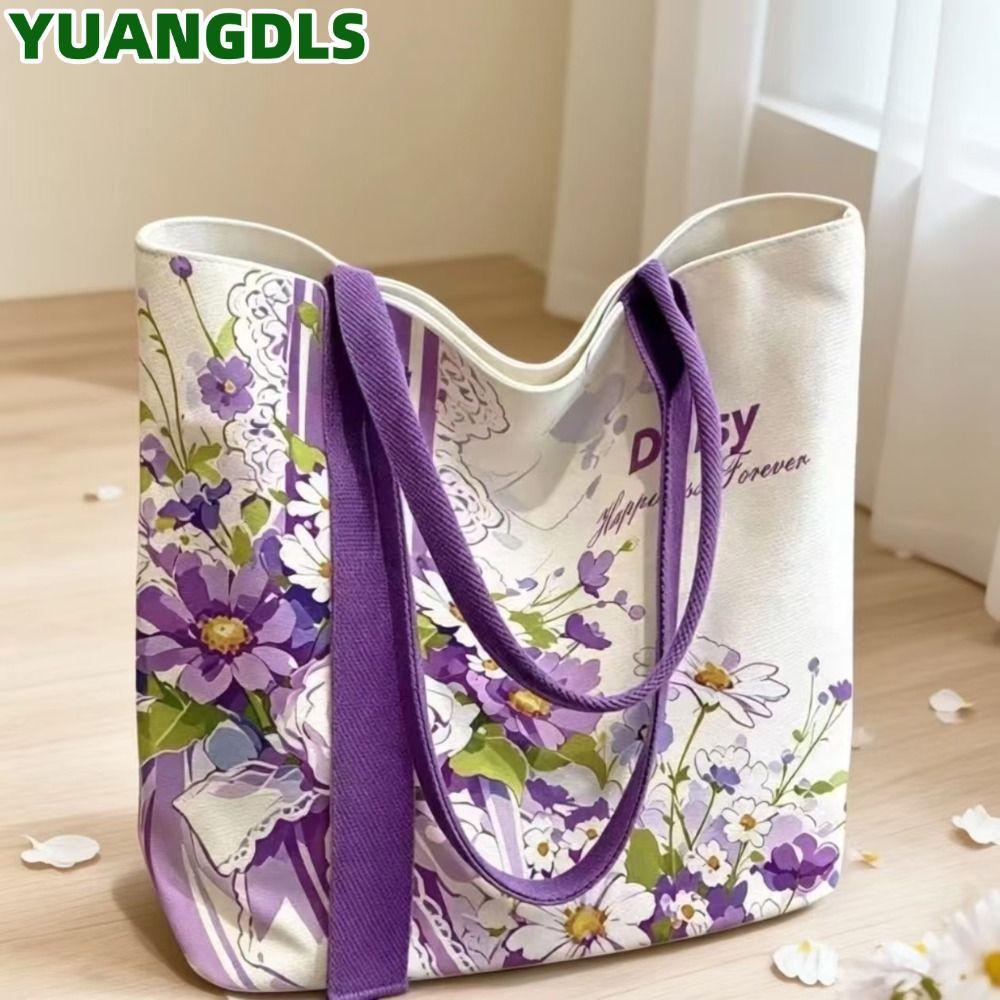 กระเป๋าผ้าใบ YUANG, กระเป๋าโท้ทลายดอกไม้นํากลับมาใช้ใหม่,การ์ตูนความจุขนาดใหญ่น้ําหนักเบากระเป๋าสะพายไหล่อเนกประสงค์อุปกรณ์เสริมสําหรับผู้หญิง