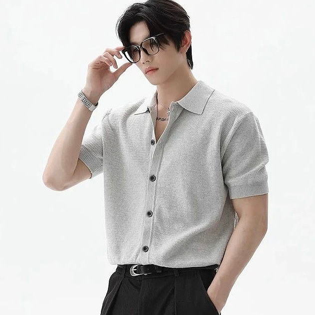 เสื้อถักผู้ชาย เสื้อยืดแขนสั้น คอปก มีกระดุม เสื้อคลุมสไตล์วินเทจ เสื้อผ้าตัวบน ลำลอง ทรงหลวม