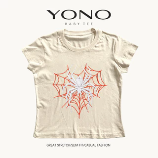 (พร้อมส่ง24ชม.) YONO baby tee สีดำ ลายแมงมุมสีขาวกับใยสีแดง ทรงเข้ารูป สไตล์โกธิค y2k