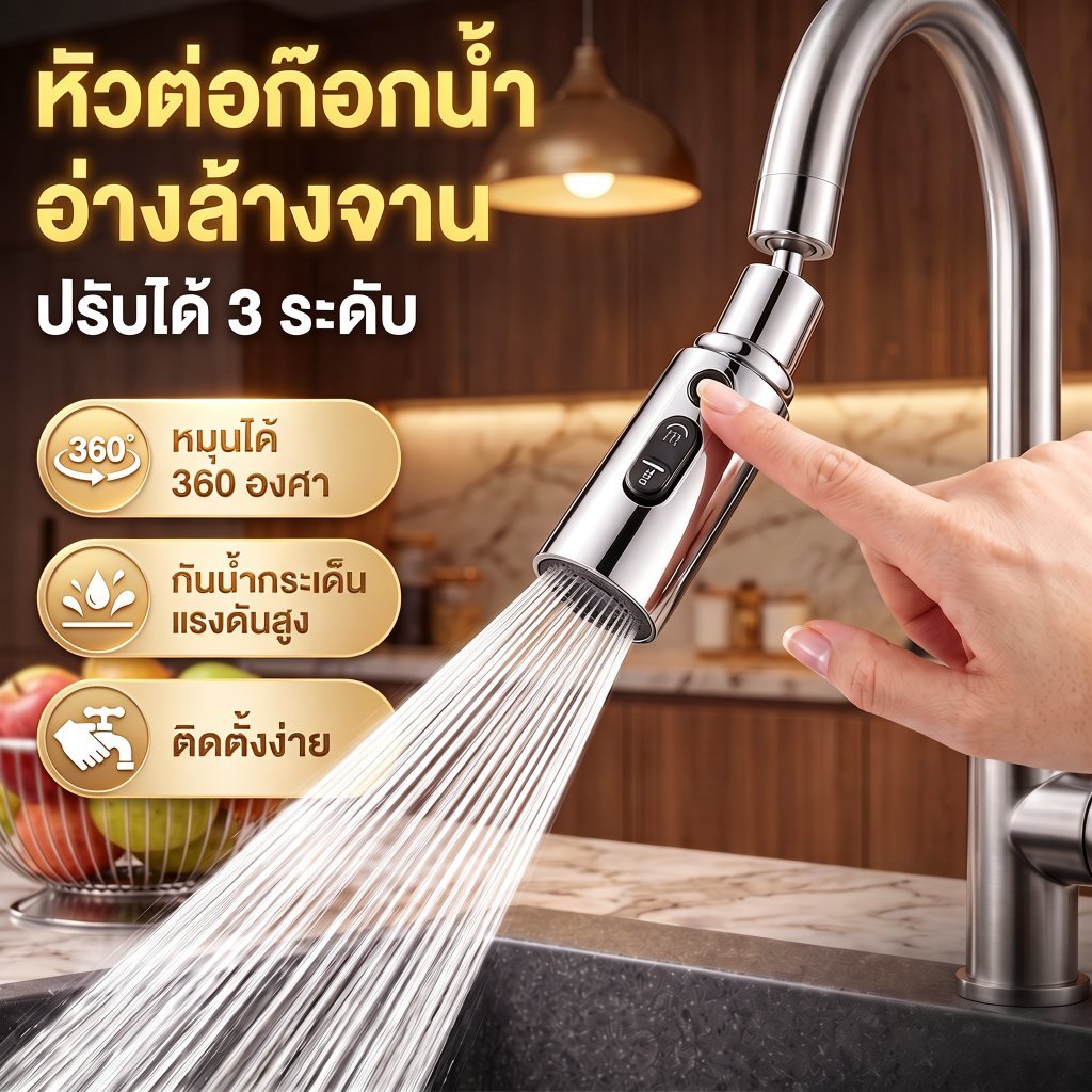 หัวต่อก๊อกน้ำหมุนได้อเนกประสงค์ – แรงดันสูง ป้องกันน้ำกระเด็น ปรับได้ 3 รูปแบบสายน้ำ – ใช้ได้กับก๊อกน้ำในครัวทั่วไป