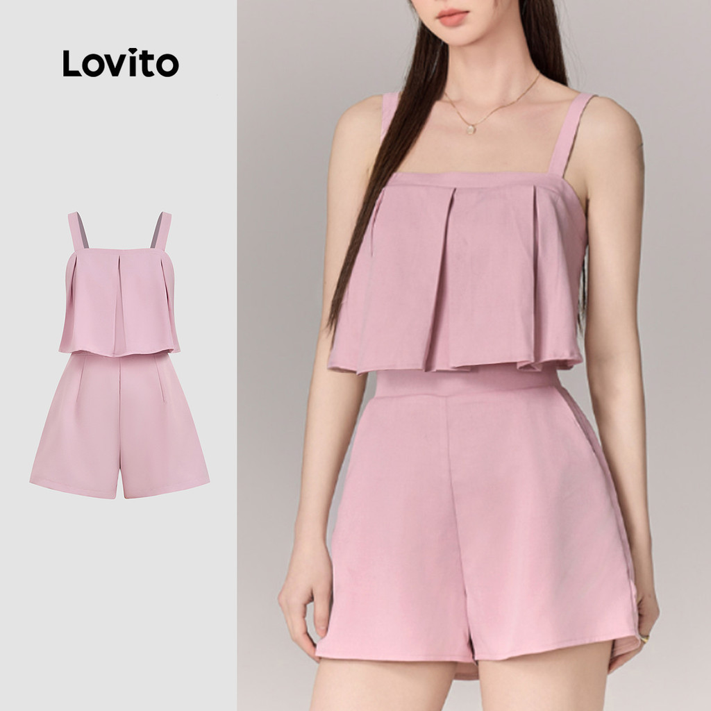 Lovito แคชชวล จั๊มสูทลําลองระบายจับจีบฤดูใบไม้ผลิ/ฤดูร้อนสีชมพูสําหรับผู้หญิง L178ED614