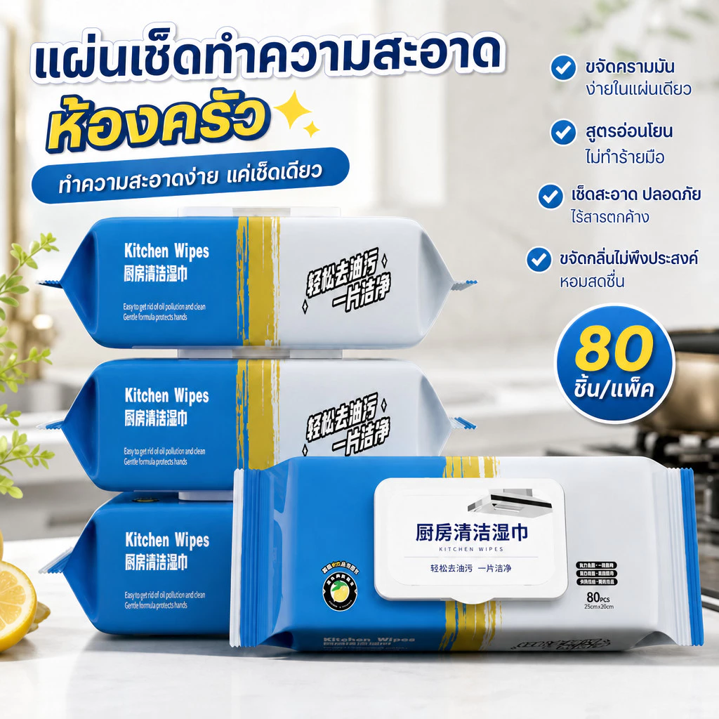 80 แผ่น แผ่นทำความสะอาดครัว ทิชชู่เปียกทำความสะอาด มีฟองในตัว กลิ่นเลมอน ผ้าทำความสะอาดทั่วไป มีฟองในตัว เช็ดคราบมัน