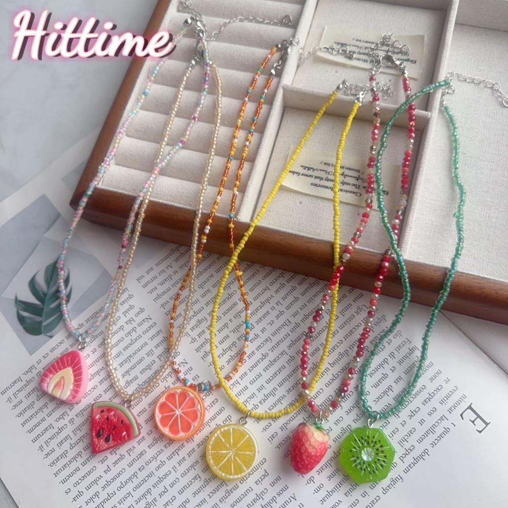 HITTIME Y2K น่ารักผลไม้จี้สร้อยคออะคริลิคสตรอเบอร์รี่แตงโมมะนาวข้าวลูกปัด Choker สําหรับผู้หญิงฤดูร้