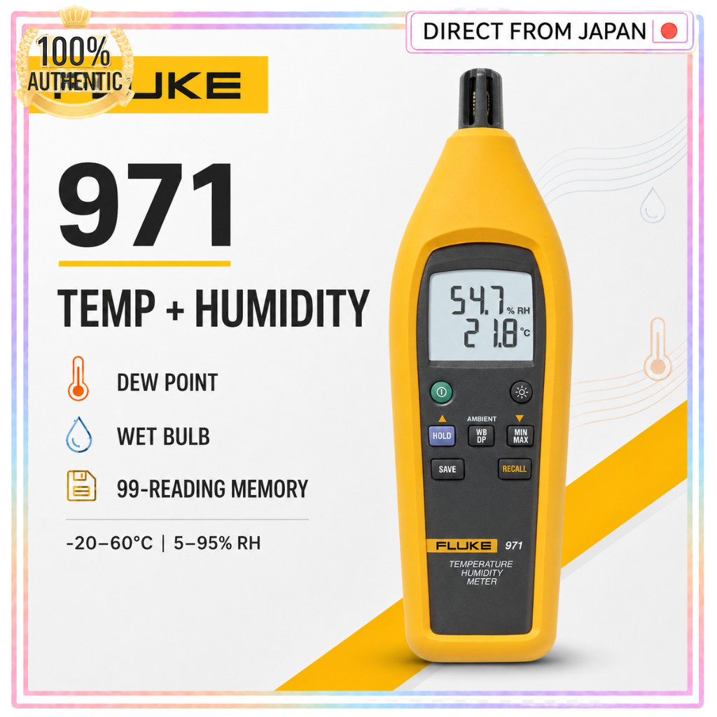 Fluke 971 Temperature Humidity Meter Dew Point Wet Bulb Dual Display 99-Reading Memory