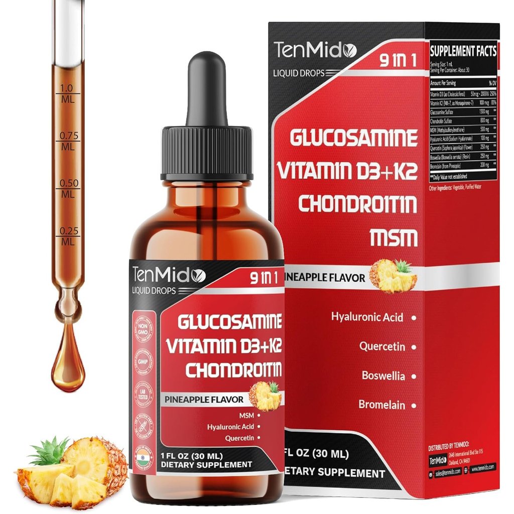 Glucosamine Chondroitin MSM Liquid Drops - 9in1 with Vitamin D3, Vitamin K2, Hyaluronic Acid, Querce