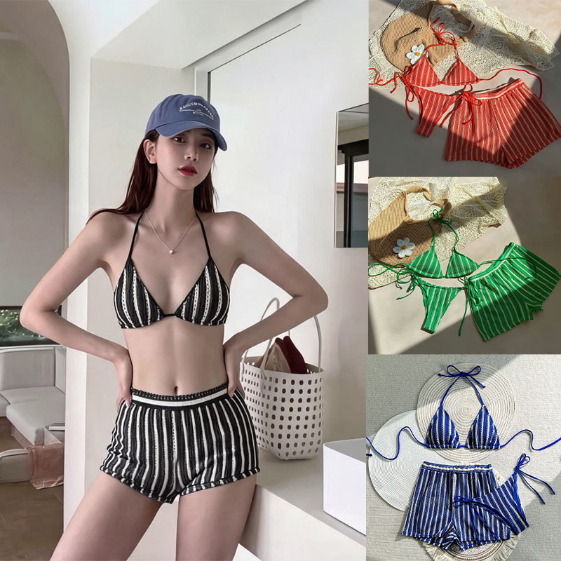 เซ็ตว่ายน้ำ 3 ชิ้น Crochet Bikini บิกินี่สายฝอ ลายทางสไตล์ สายผูกปรับระดับได้ สไตล์ฤดูร้อนใหม่#1222