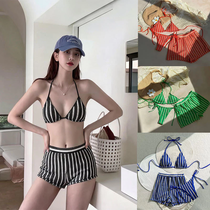 เซ็ตว่ายน้ำ 3 ชิ้น Crochet Bikini บิกินี่สายฝอ ลายทางสไตล์ สายผูกปรับระดับได้ สไตล์ฤดูร้อนใหม่#1222