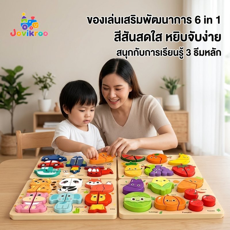 ไม้ 3ง ปริศนา มอนเตสซอรี่ รูปร่างจับคู่ชุดของเล่น 6 ใน 1 ปลอดสารพิษการเรียนรู้เด็ก