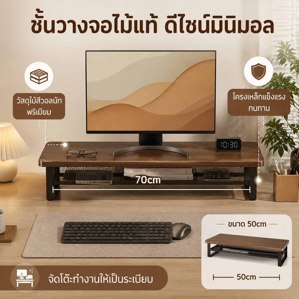 ที่วางจอคอมสีไม้วอลนัท 2ชั้น 50/70cm เหล็กผสมไม้ จัดระเบียบเดสก์ท็อป วางจอ/หนังสือ/อุปกรณ์ โต๊ะทำงาน