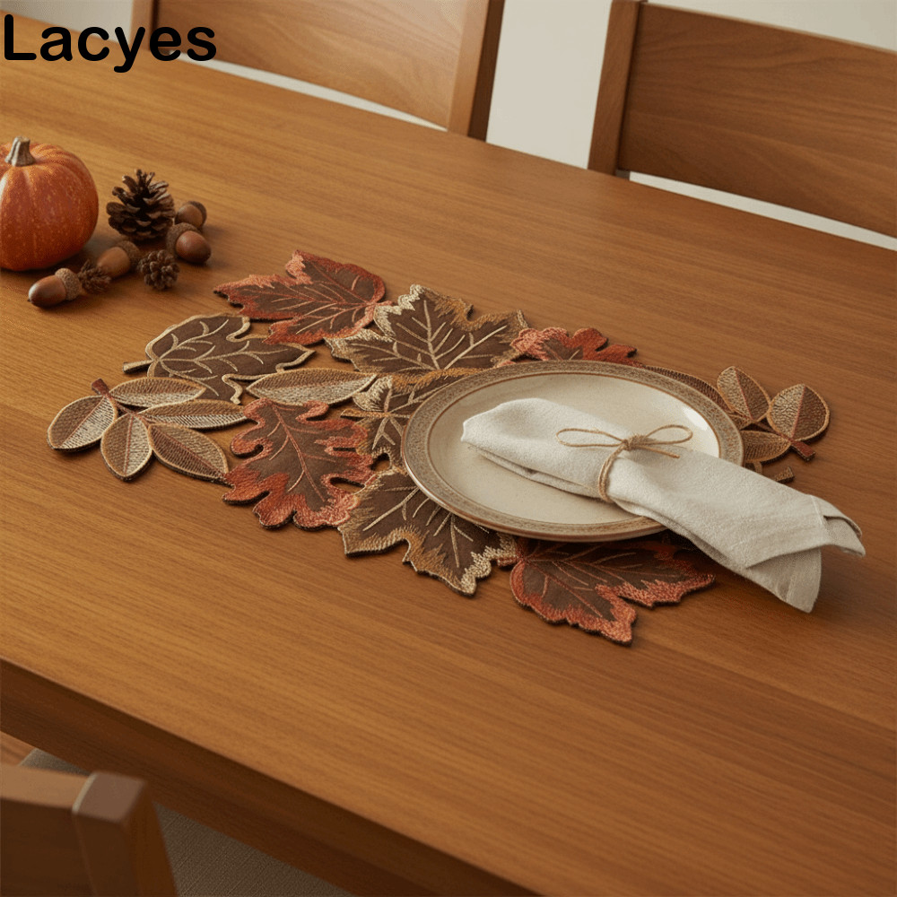 LACYES Maple Leaf ปักตาราง Runner,สไตล์ชนบทตกแต่ง Maple Leaf Placemat, Party Dinning ผ้าปูโต๊ะ Hollo