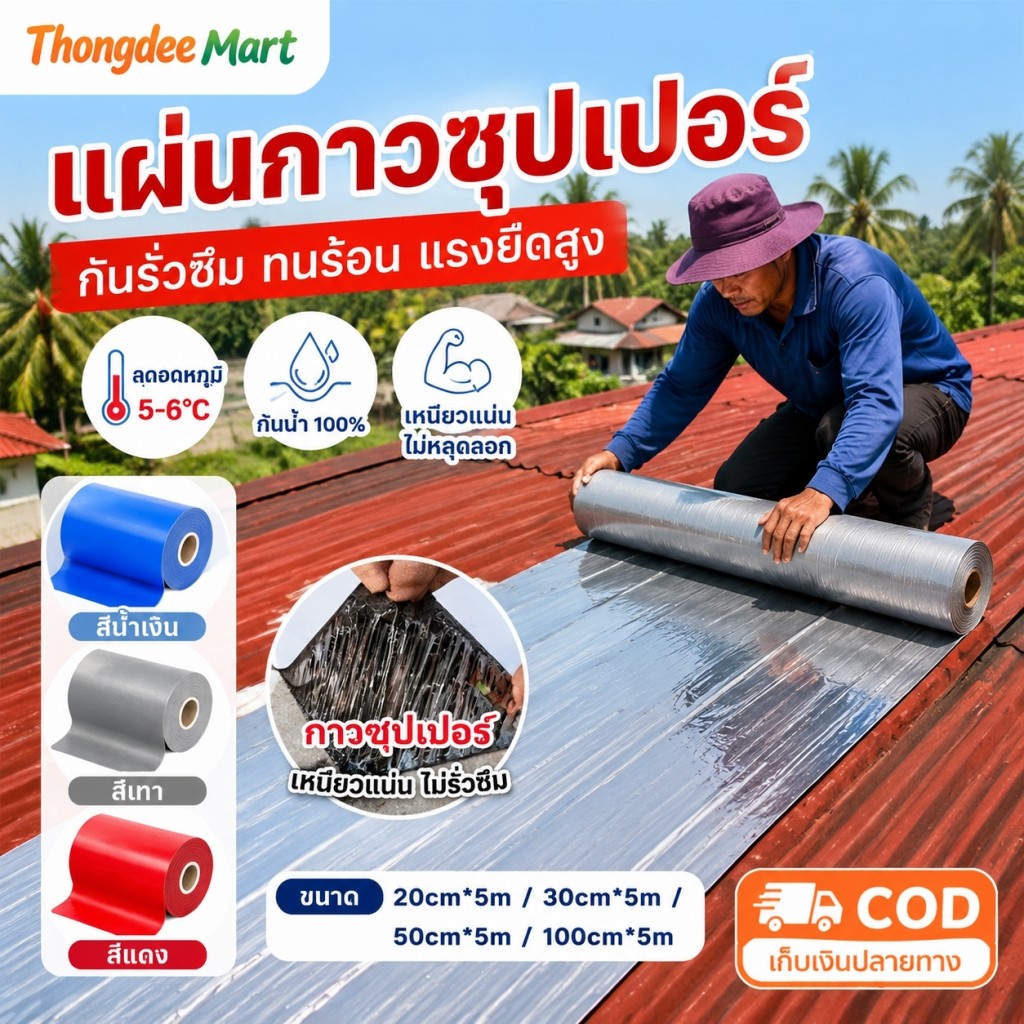 PVC แผ่นกันซึม เทปกาวกันน้ำ ยาว 5เมตร แผ่นปิดรอยเทปรั่วหลังคา ฉนวนกันความร้อน ฉนวนลดเสียง มีกาวในตัวติดตั้งง่าย