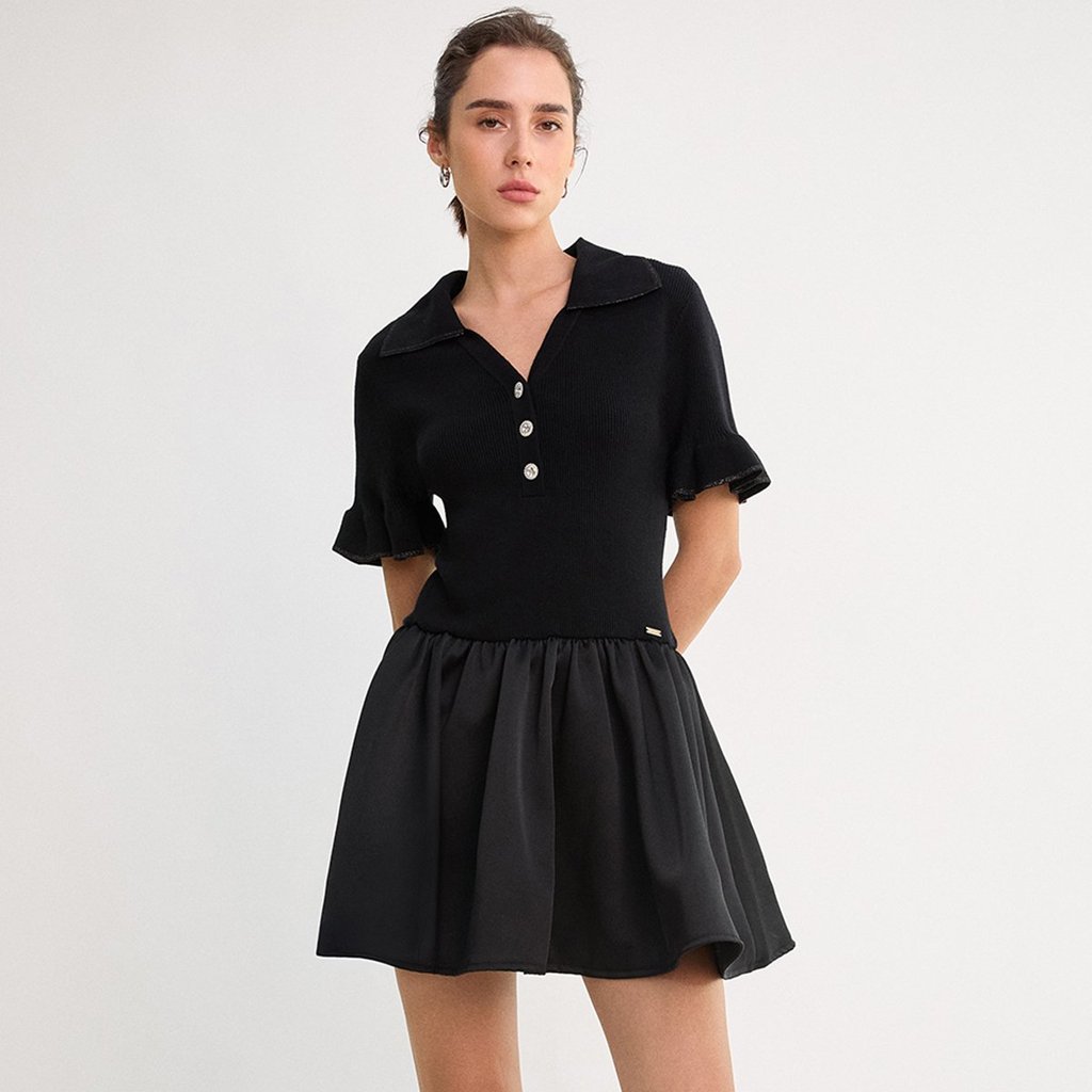 [Pomelo] เดรสถักคอปกกระโปรงทรงบาน / Flare Skirt Polo Knit Mini Dress
