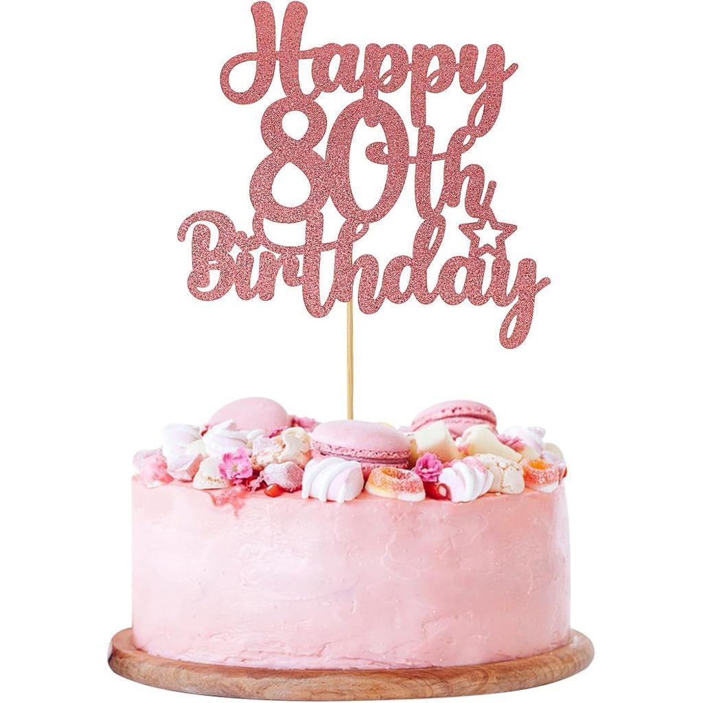 Rose Gold ตกแต่งเค้กวันเกิด 80th, 1 Pc Happy 80th Birthday Cake Topper Glitter Cheers ถึง 80 ปีสําหร