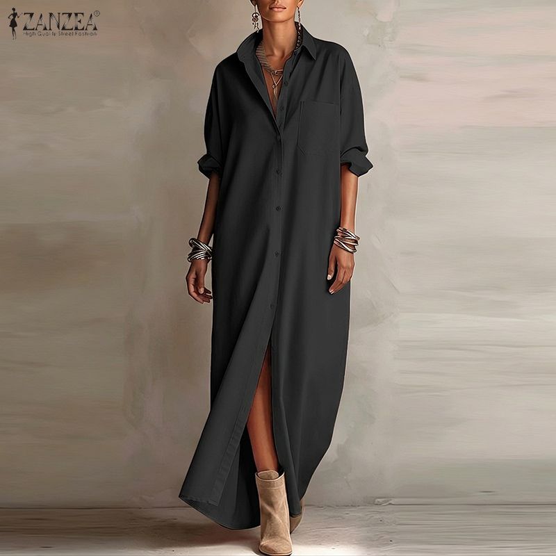 ZANZEA ผู้หญิงวินเทจ Elegant Office ชุด Turn-Down-Collar แขนยาวหลวม Maxi ตรง Shirtdress — صورة 4
