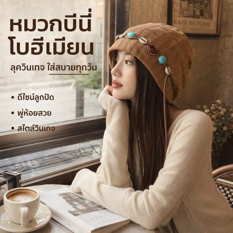 หมวกเป่าโถว หมวกหัวพู่ลูกปัด โบฮีเมียน ย้อนยุค เส้นรอบวงหัวใหญ่ ทำให้ใบหน้าเล็กลง หลวมและใช้งานได้หลากหลาย