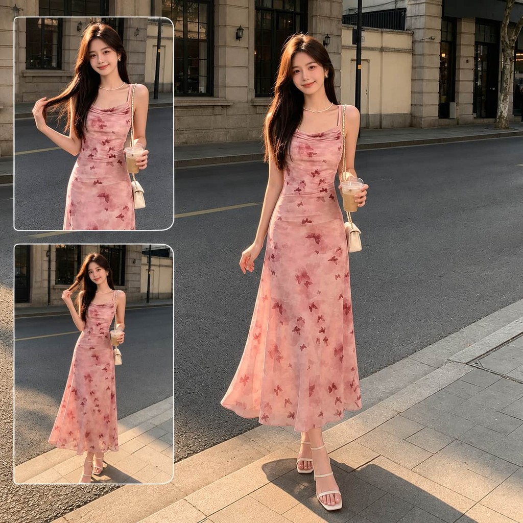 เดรสยาวพริ้วๆ สายเดี่ยวสีชมพู ลายดอกไม้สไตล์วินเทจ
