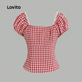 Lovito เสื้อเบลาส์ลําลองลูกไม้สีแดงขาวสําหรับฤดูใบไม้ผลิ/ฤดูร้อนของผู้หญิง L189ED900