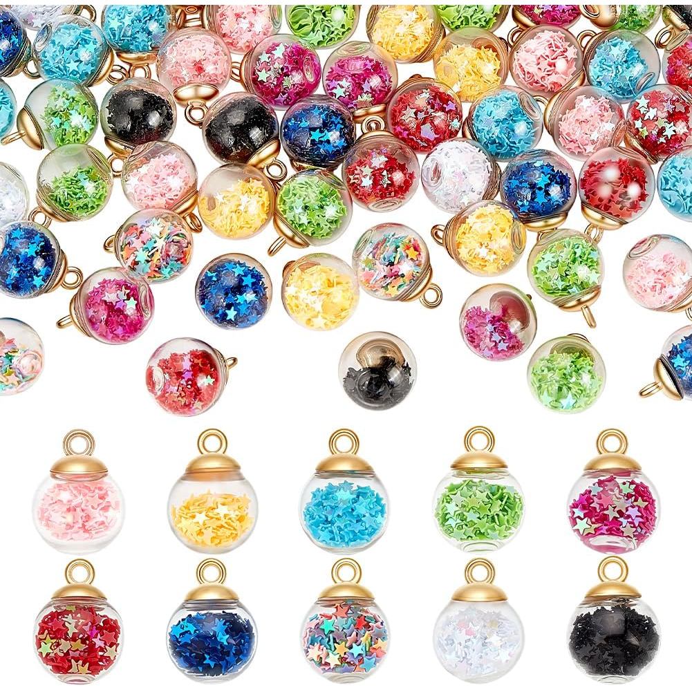 PH PandaHall 100 ชิ้นที่มีสีสัน Glass Ball Charms-15 มิลลิเมตรแก้วคริสตัลจี้ Star Glitter เลื่อม,ถ้ว