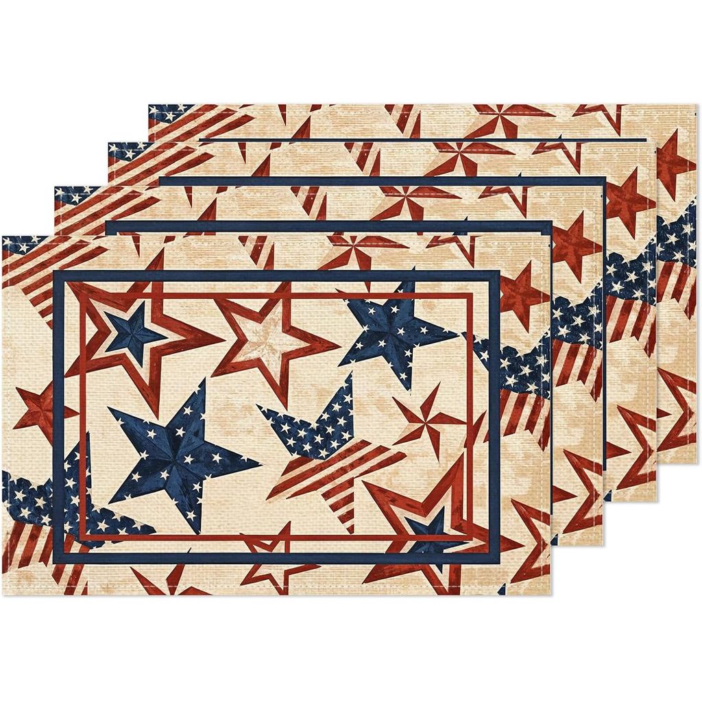 Patriotic 4th of July Stars Stripes Placemats ชุด 4 12x18 นิ้ว Memorial Day Beige ตารางสําหรับ Home 